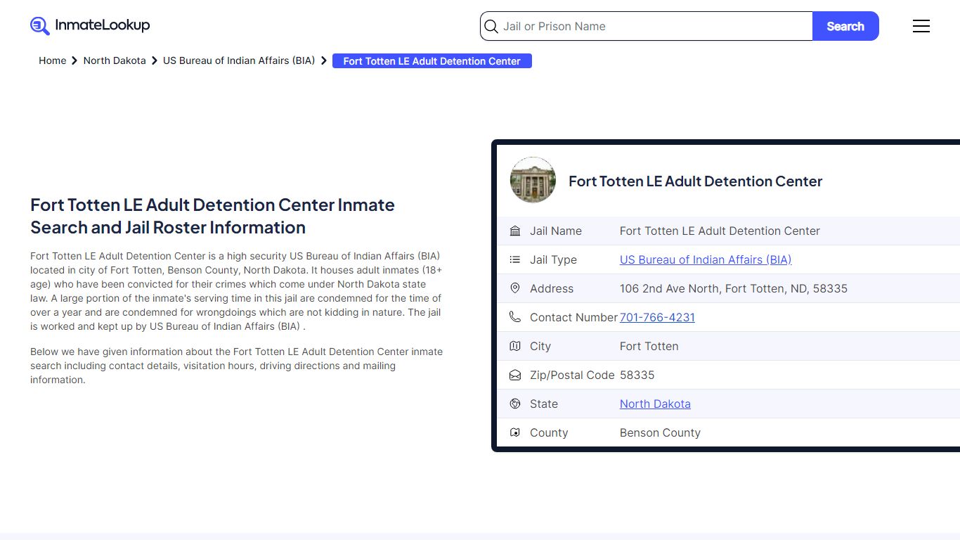 Fort Totten LE Adult Detention Center Inmate Search, Jail Roster ...