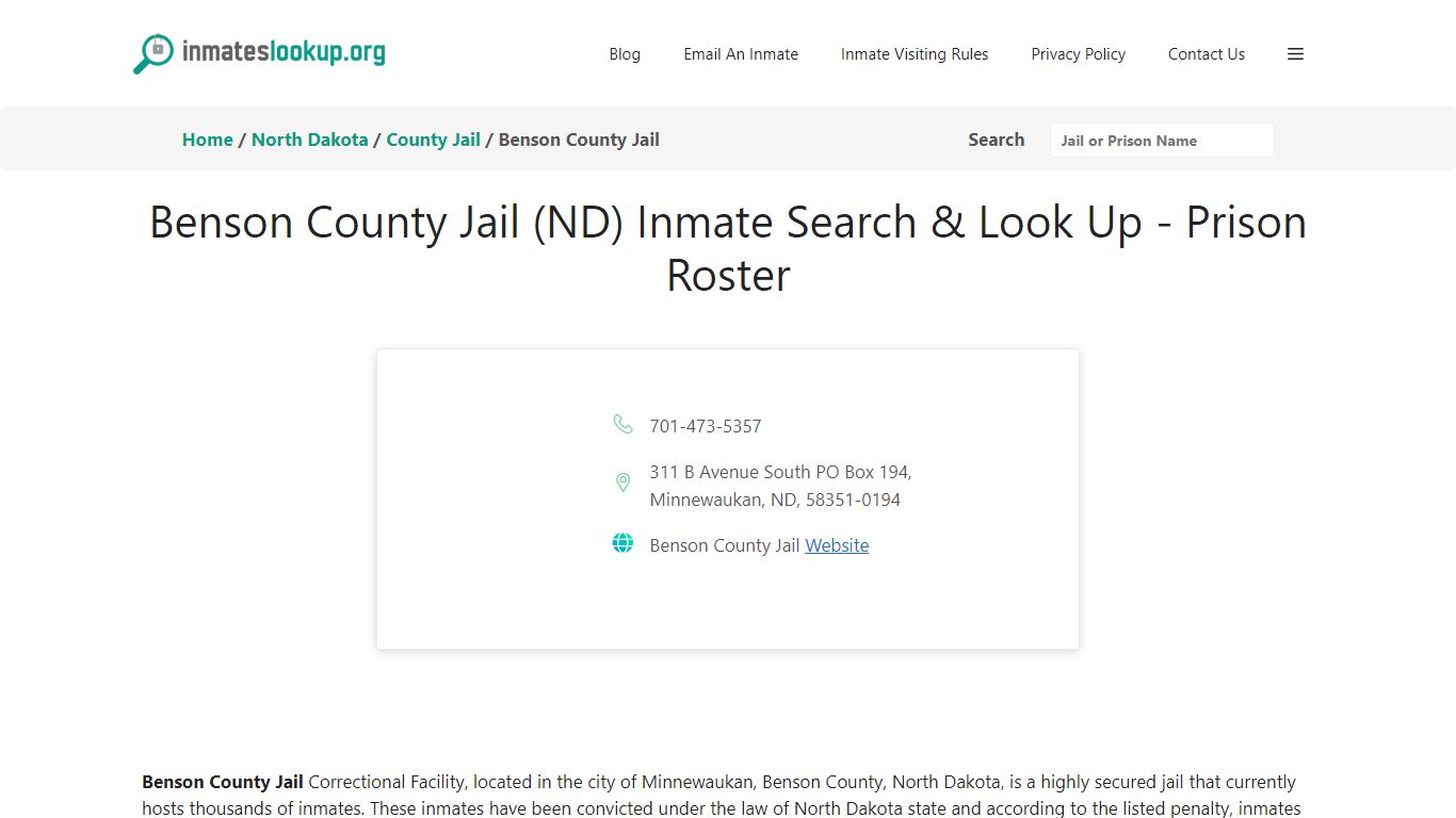 Benson County Jail (ND) Inmate Search & Look Up - Prison Roster