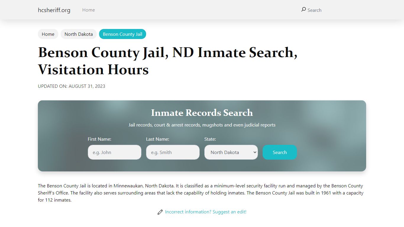 Benson County Jail, ND Inmate Search, Visitation Hours